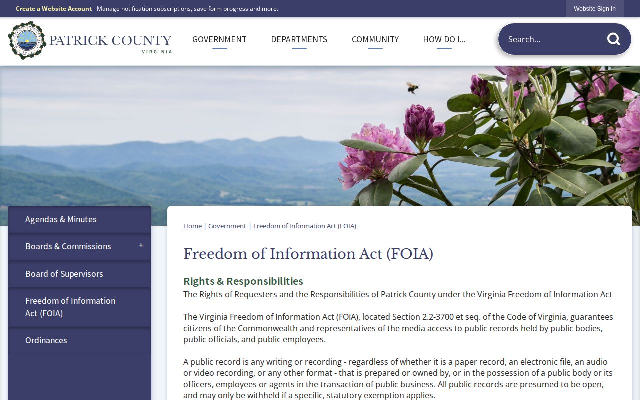 Patrick County booking-record Freedom of Information Act request page